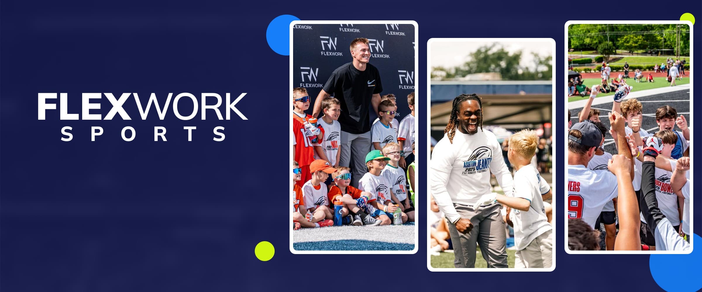 FlexWork Sports logo beside camp photos: a pro athlete with a group of young campers, an athlete celebrating with a camper, and a team huddle